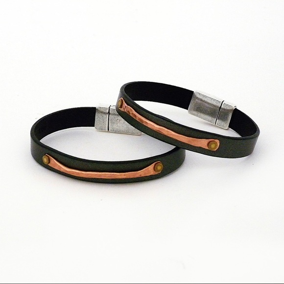 Dark Gray Leather Bracelet, Copper Design, Pewter Magnetic Clasp NWT - Picture 1 of 2